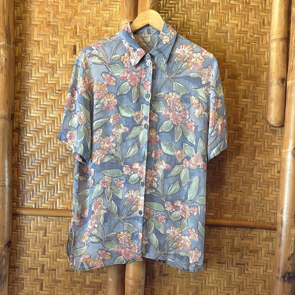 Vintage powder blue Floral sheer blouse small
